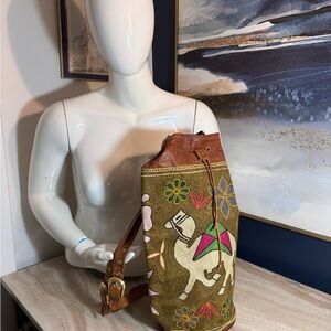 Leather handmade llama Embroidered Women's backpack over shoulder Bag
